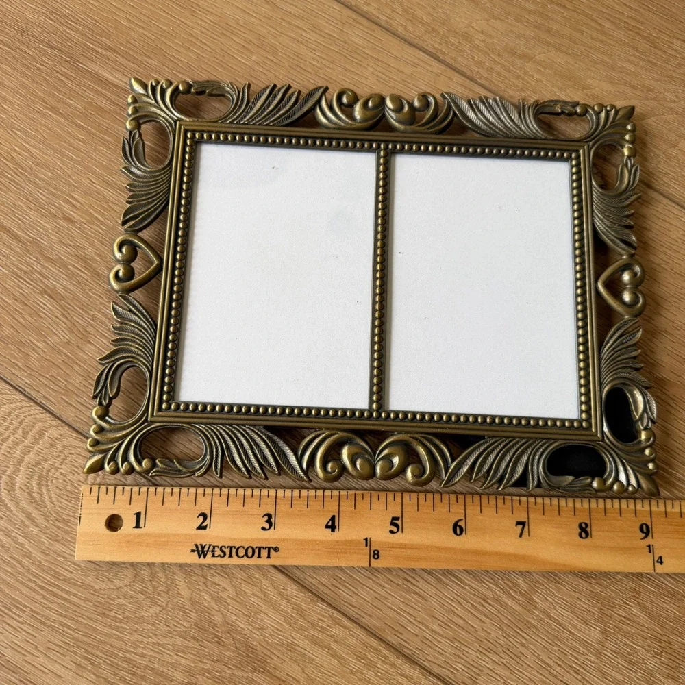 Vintage Ornate Brass Metal Double Picture Frame Heart Scrollwork 3x4.5